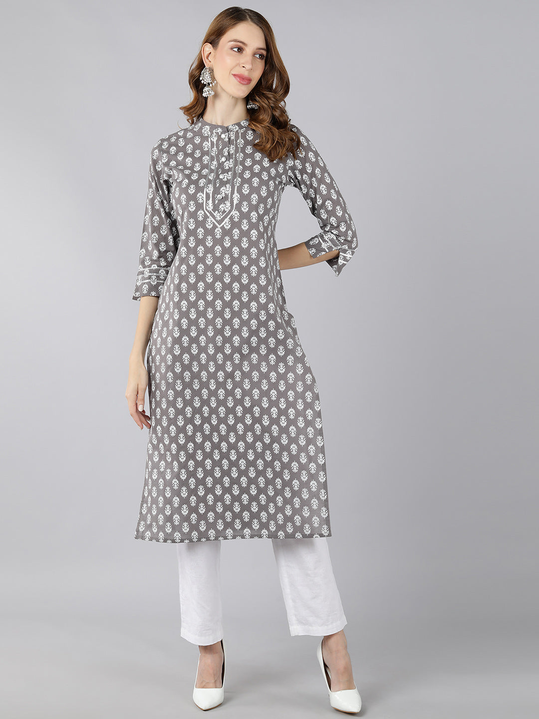 Cotton Block Print Straight Kurta (Grey)