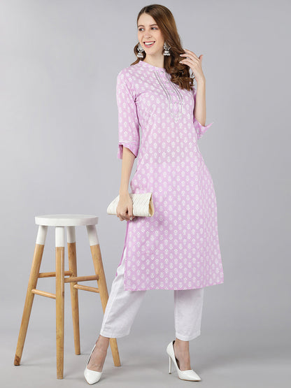 Cotton Printed Straight Kurta (Purple)