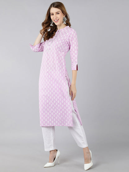 Cotton Printed Straight Kurta (Purple)