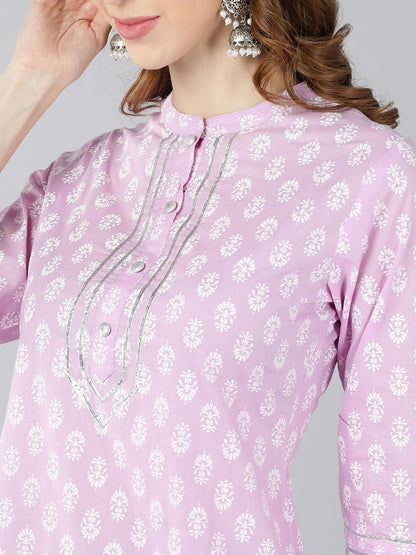 Cotton Printed Straight Kurta (Purple)