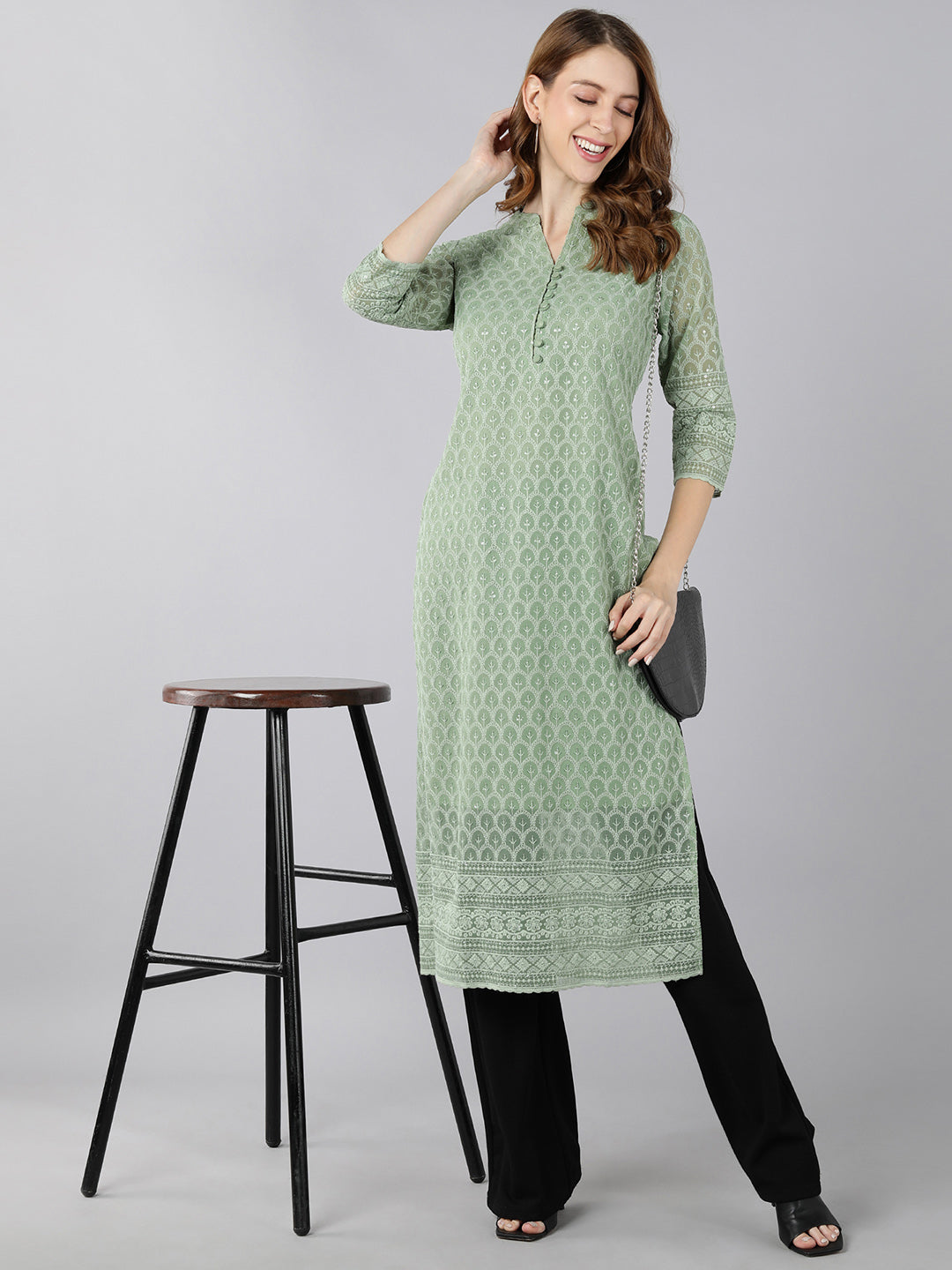 Georgette Solid Straight Kurta (Light Green)