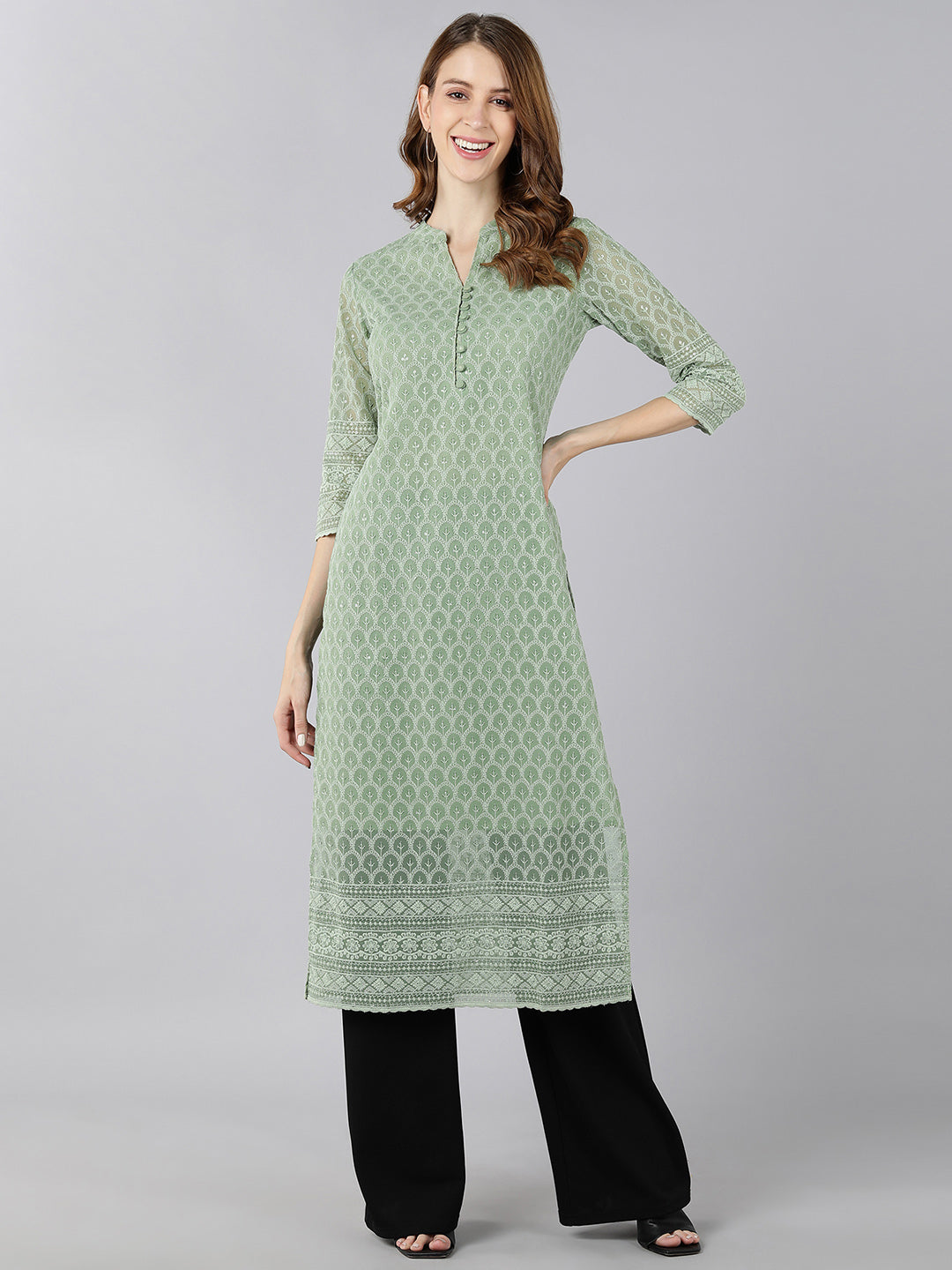 Georgette Solid Straight Kurta (Light Green)