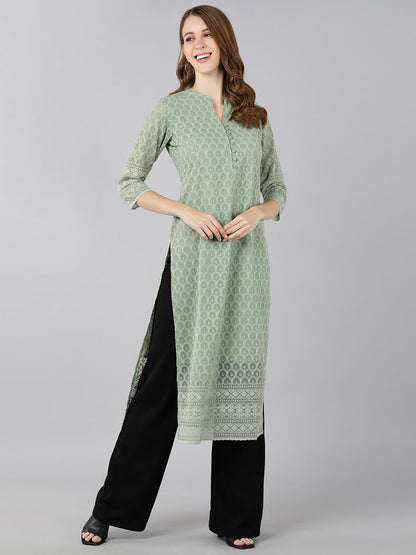 Georgette Solid Straight Kurta (Light Green)