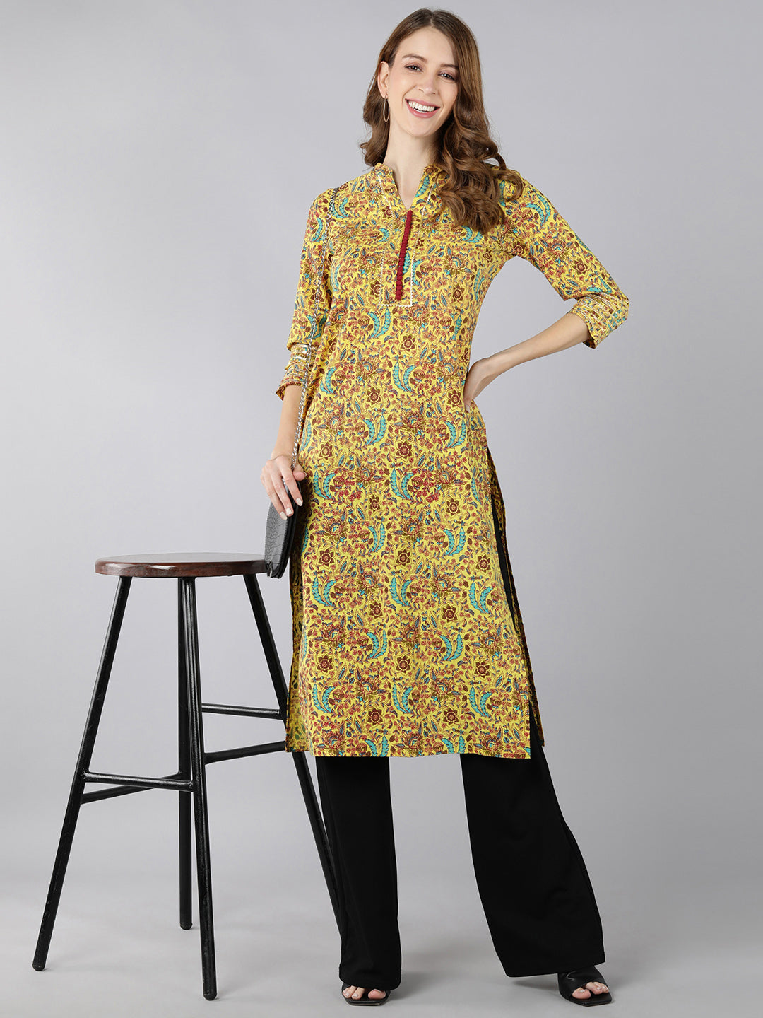 Cotton Printed Straight Kurta (Mustard)