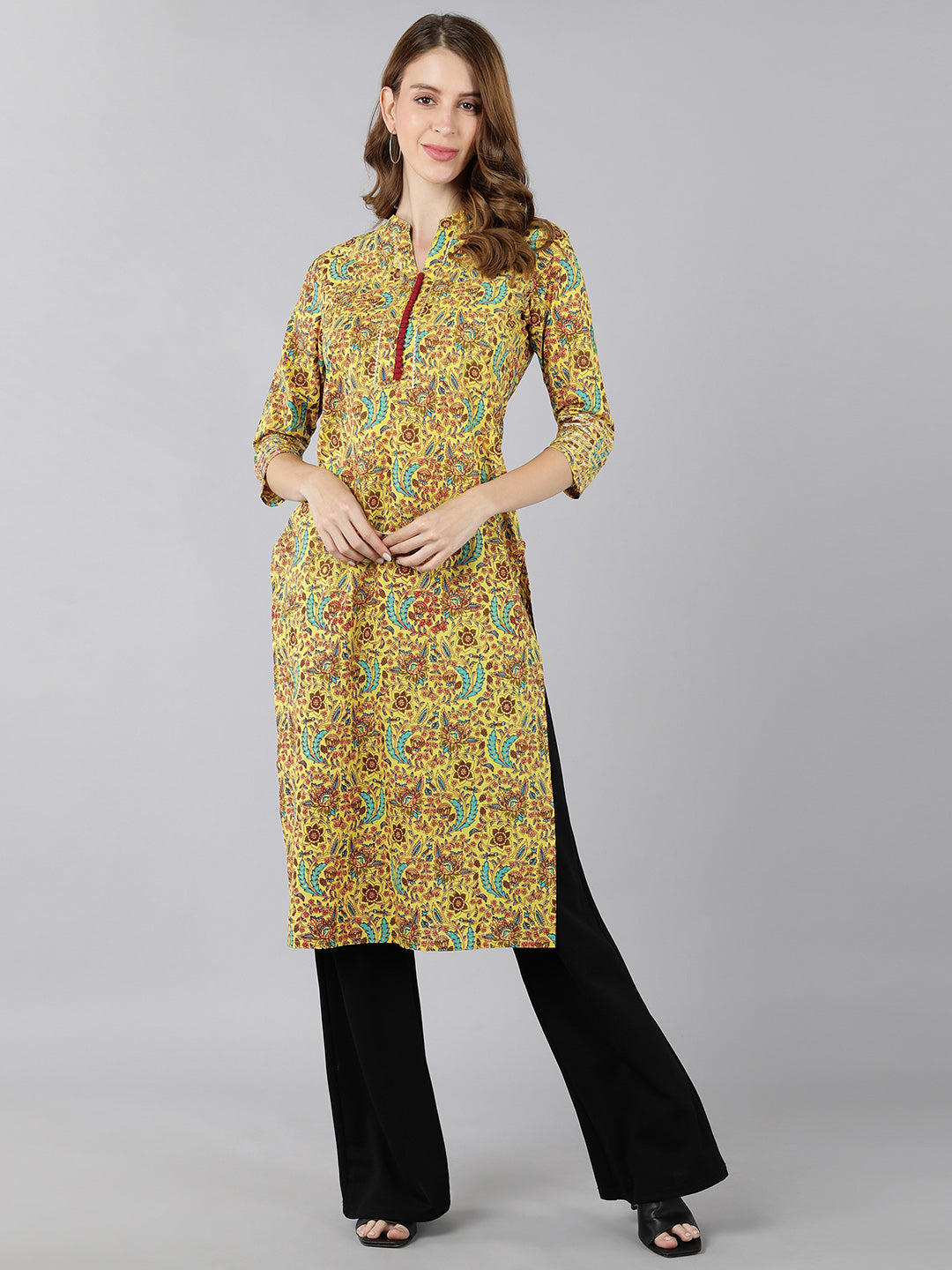 Cotton Printed Straight Kurta (Mustard)