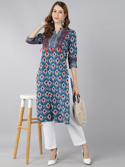 Cotton Printed Straight Kurta (Blue)