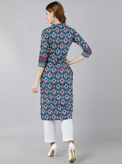 Cotton Printed Straight Kurta (Blue)