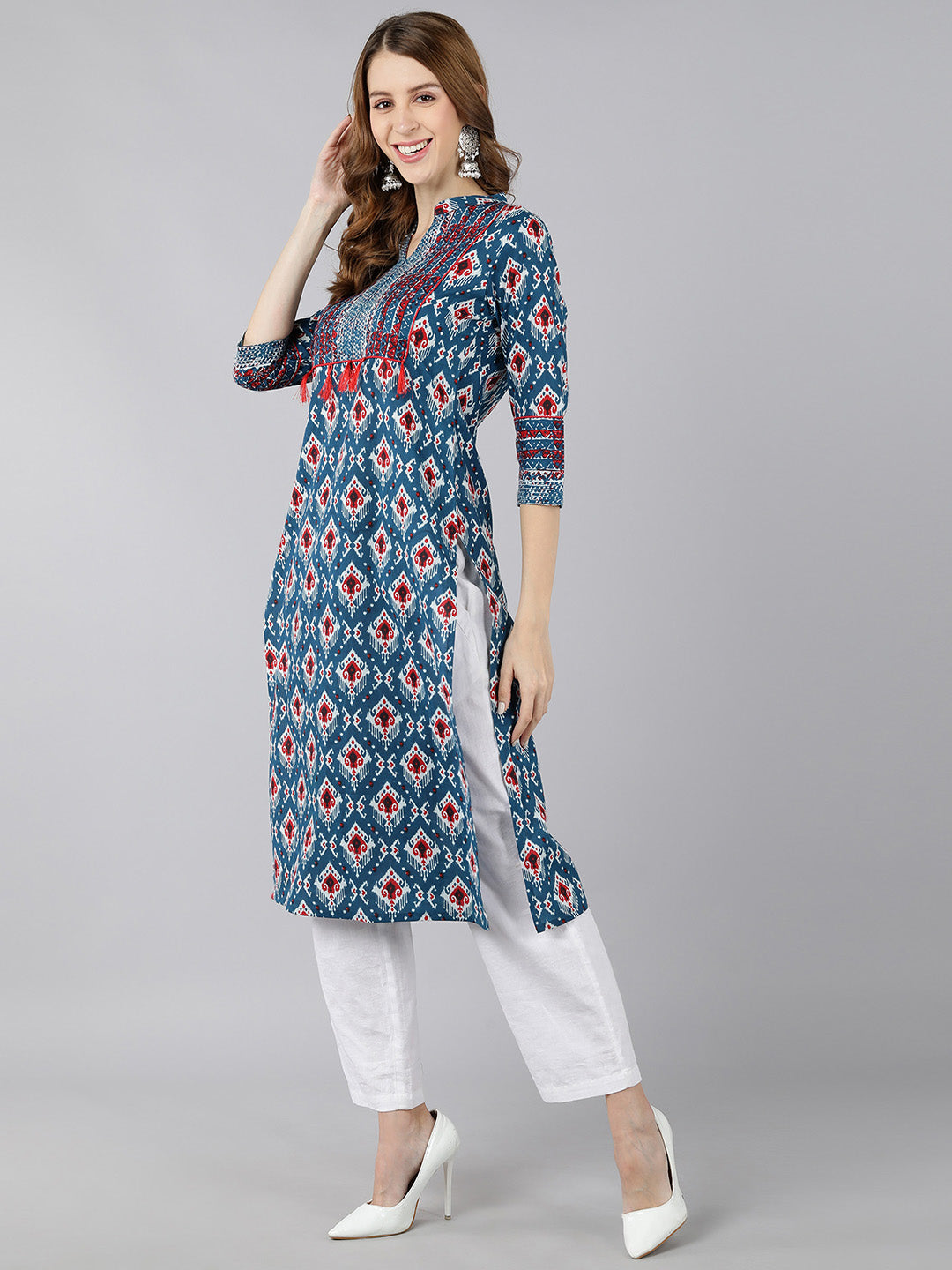 Cotton Printed Straight Kurta (Blue)