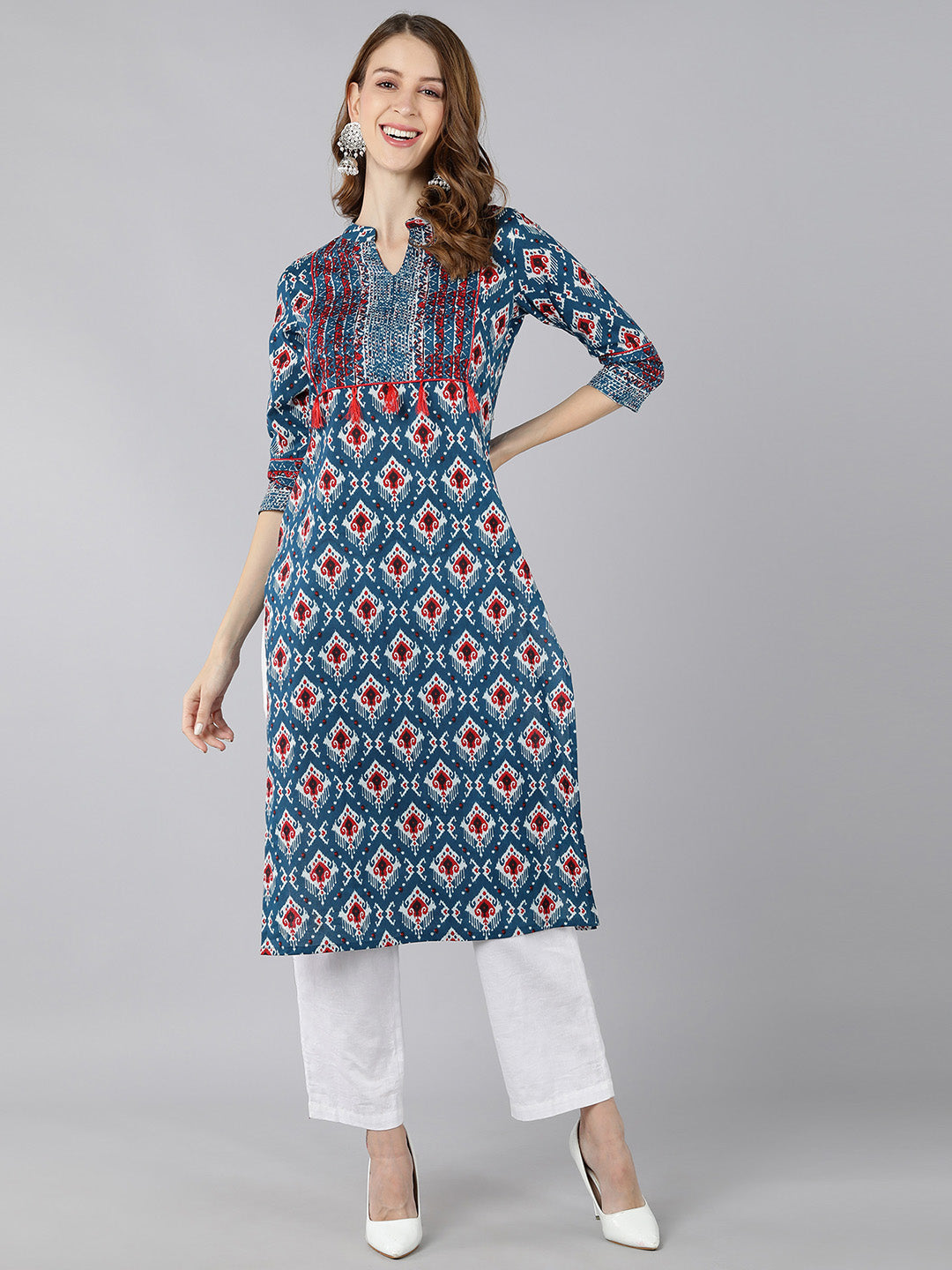 Cotton Printed Straight Kurta (Blue)