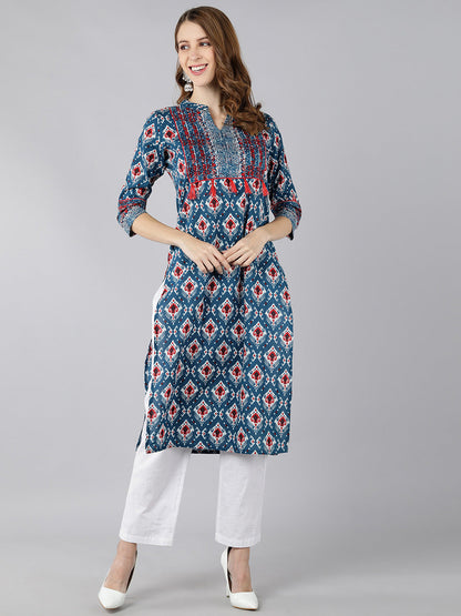 Cotton Printed Straight Kurta (Blue)