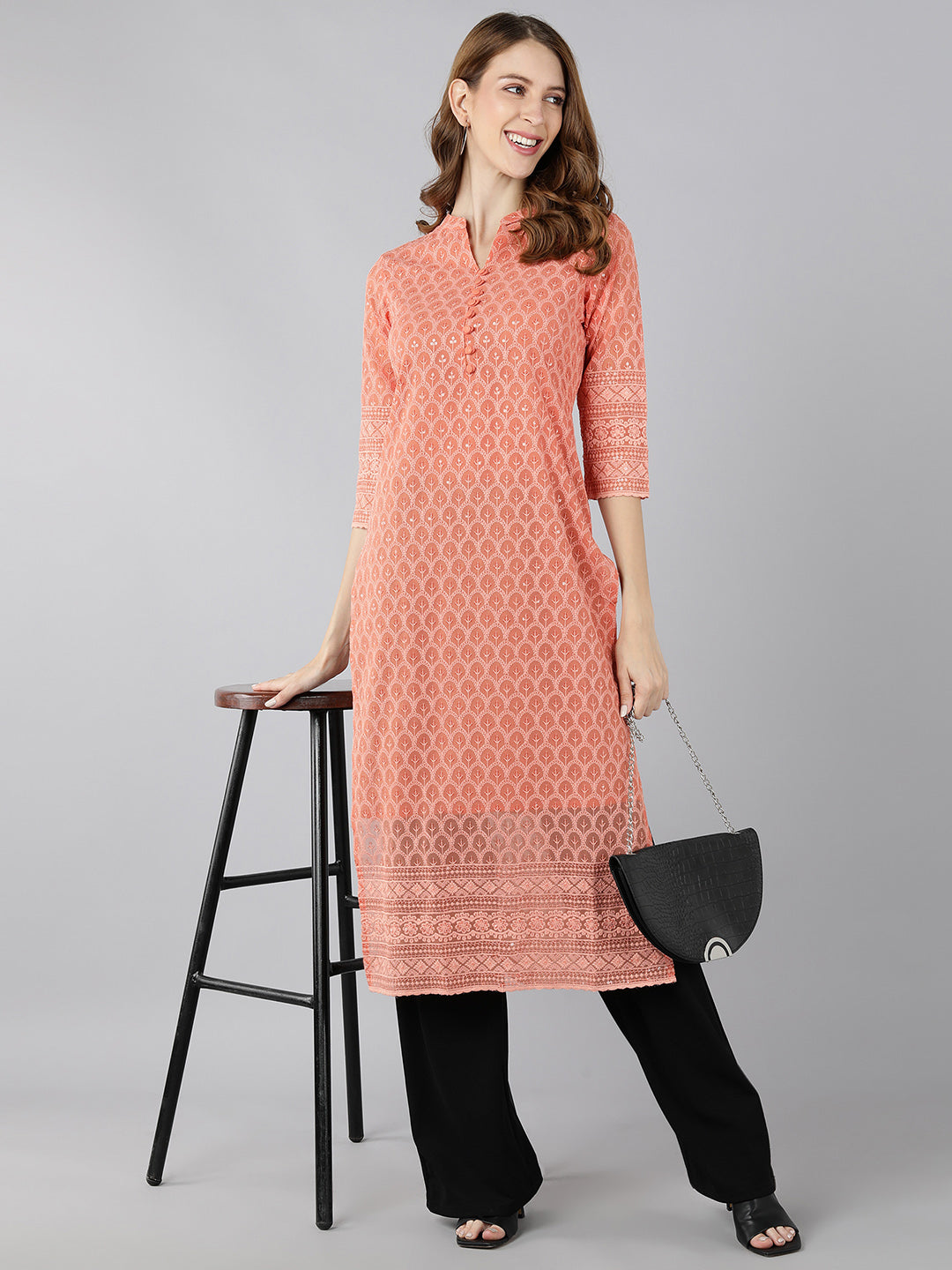 Georgette Solid Straight Kurta (Peach)