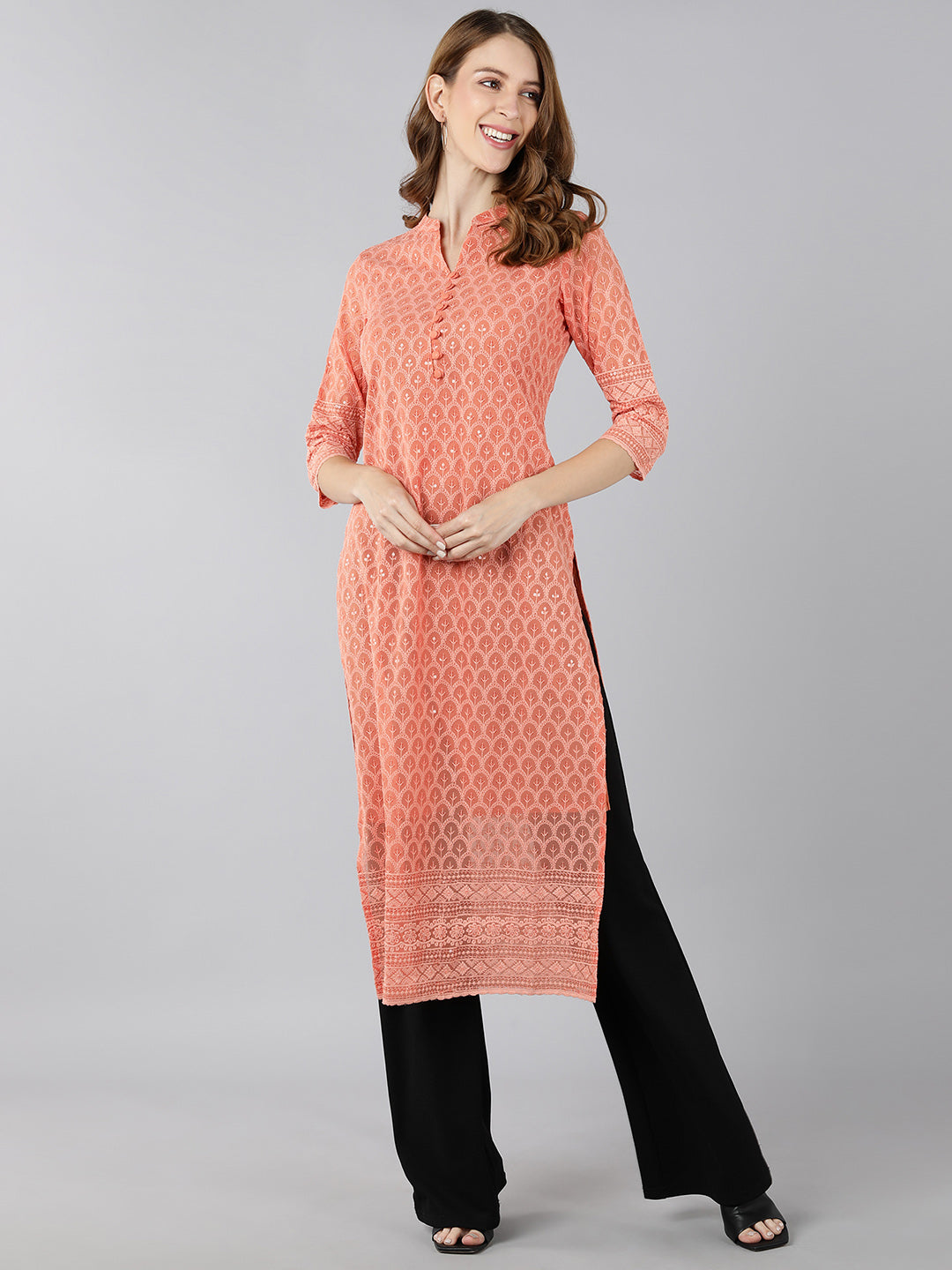 Georgette Solid Straight Kurta (Peach)