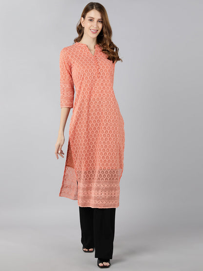 Georgette Solid Straight Kurta (Peach)