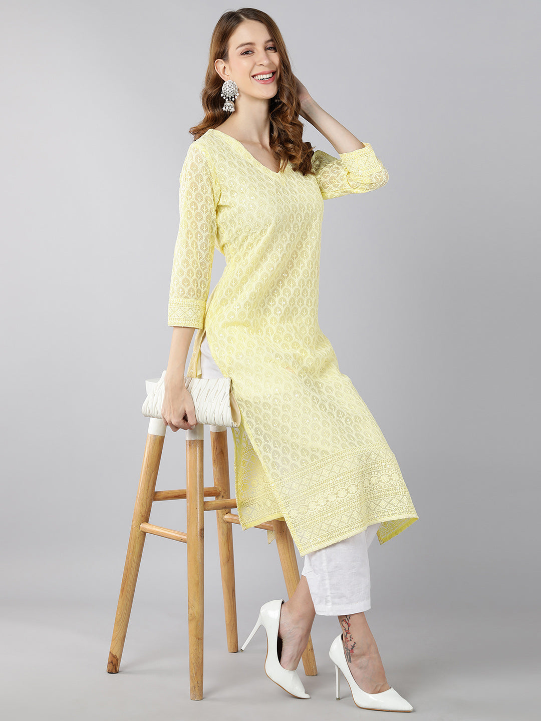 Georgette Solid Straight Kurta (Pale Yellow)