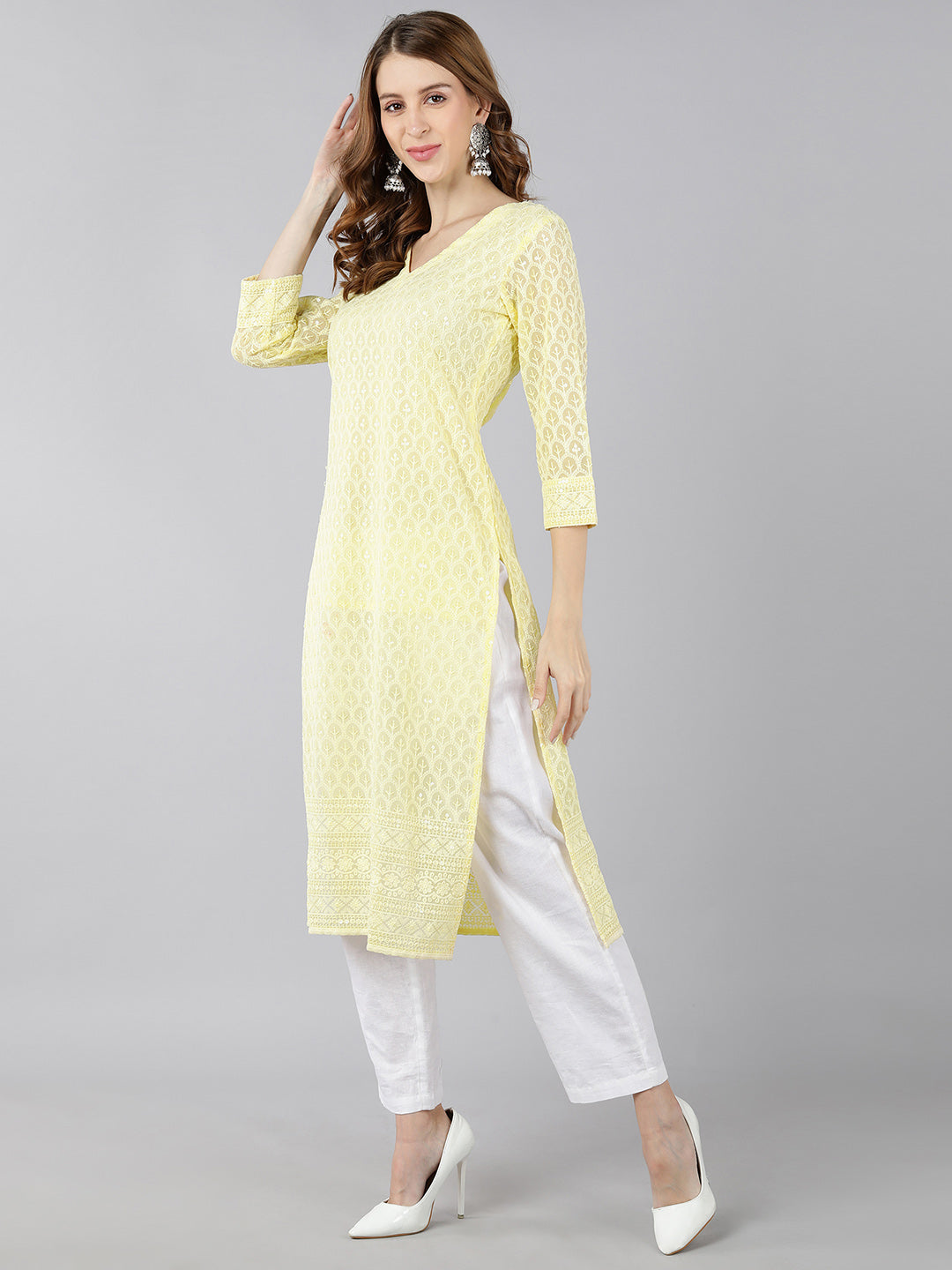 Georgette Solid Straight Kurta (Pale Yellow)