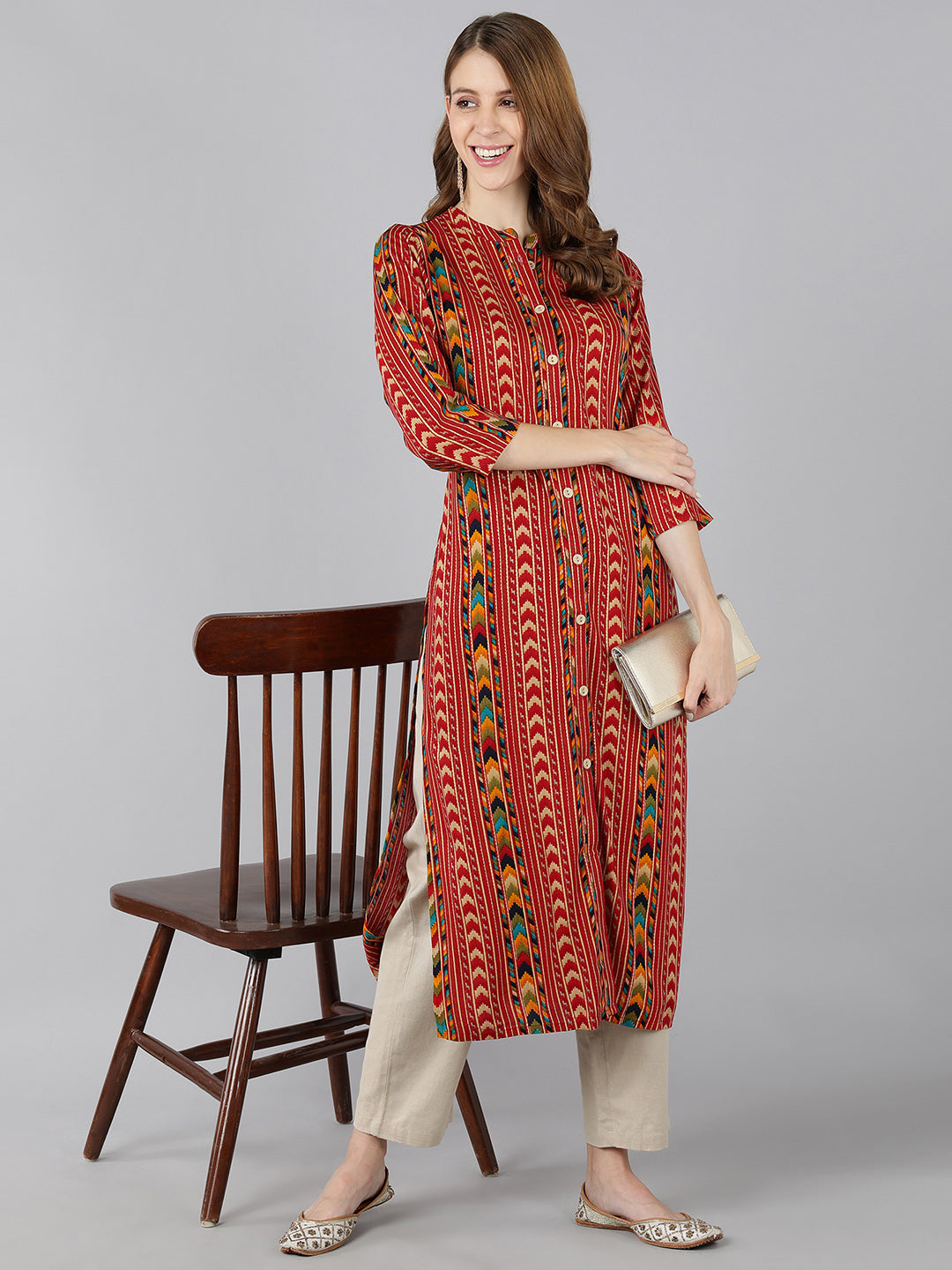 Rayon Printed Calf Length Kurta (Red)