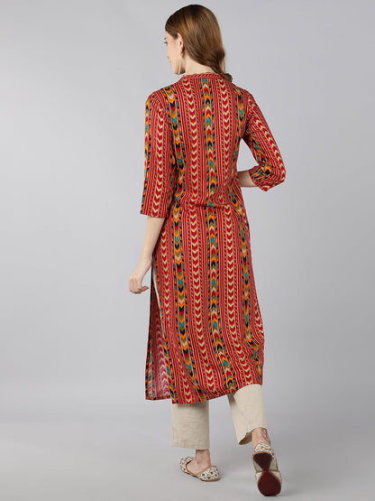 Rayon Printed Calf Length Kurta (Red)