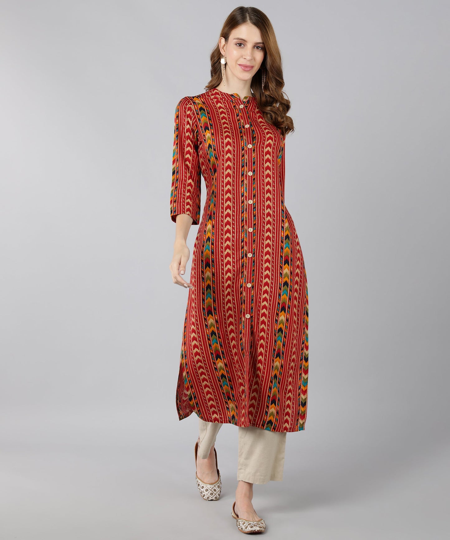 Rayon Printed Calf Length Kurta (Red)