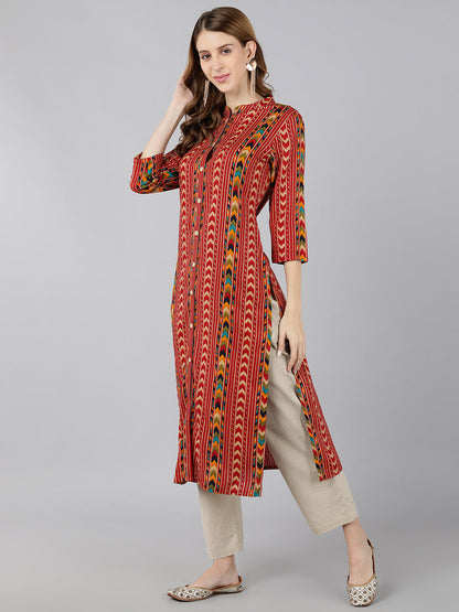 Rayon Printed Calf Length Kurta (Red)