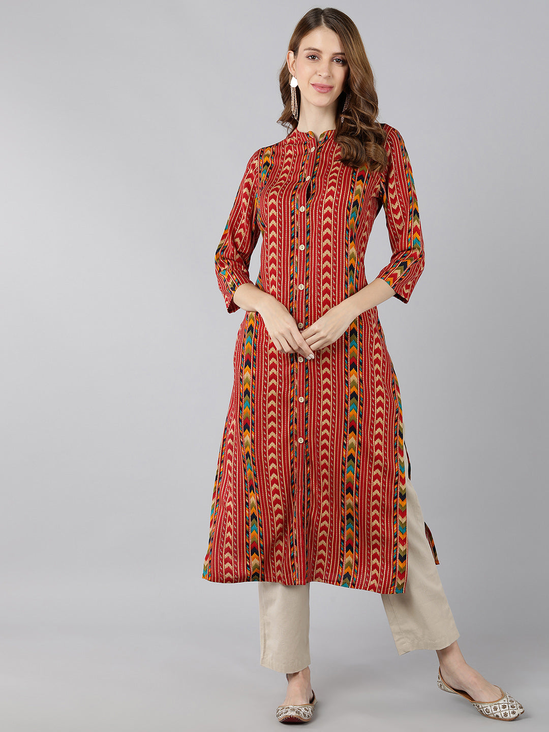 Rayon Printed Calf Length Kurta (Red)