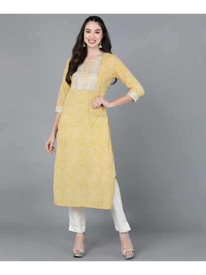 Cotton Leheriya Print Straight Kurta (Yellow)