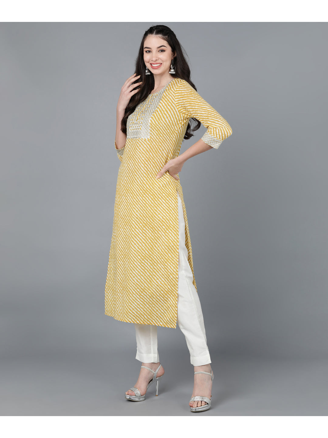 Cotton Leheriya Print Straight Kurta (Yellow)