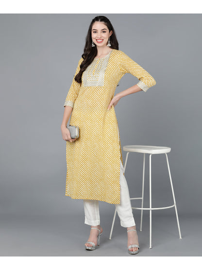 Cotton Leheriya Print Straight Kurta (Yellow)