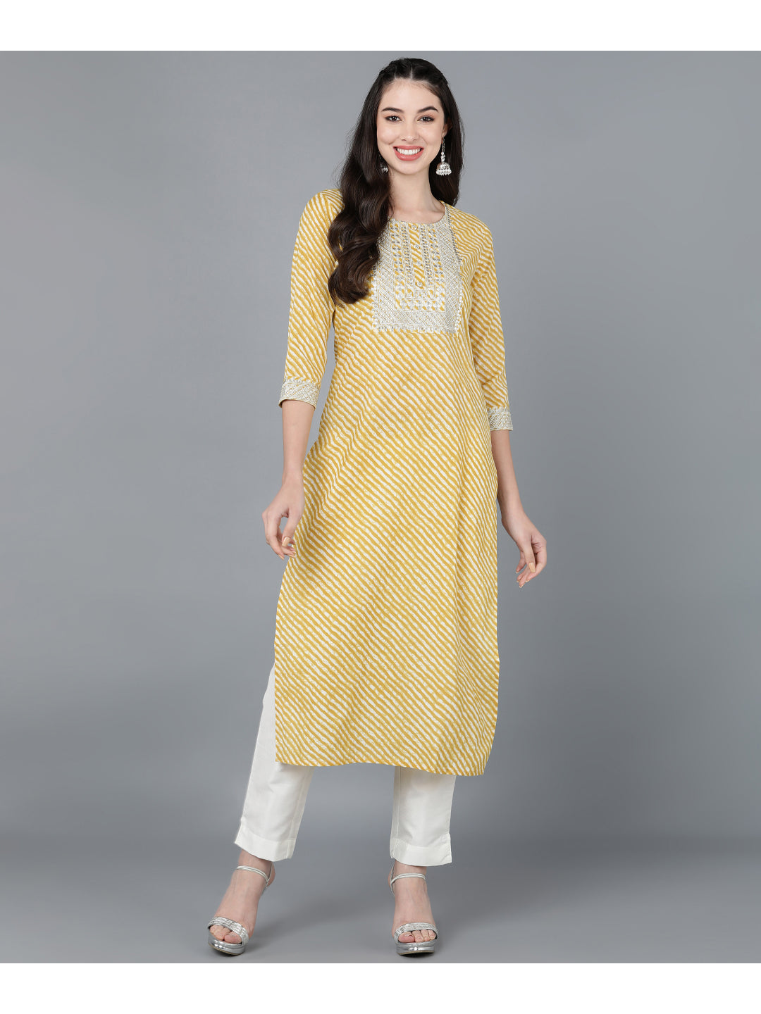 Cotton Leheriya Print Straight Kurta (Yellow)