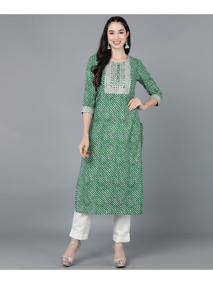 Cotton Leheriya Print Straight Kurta (Green)