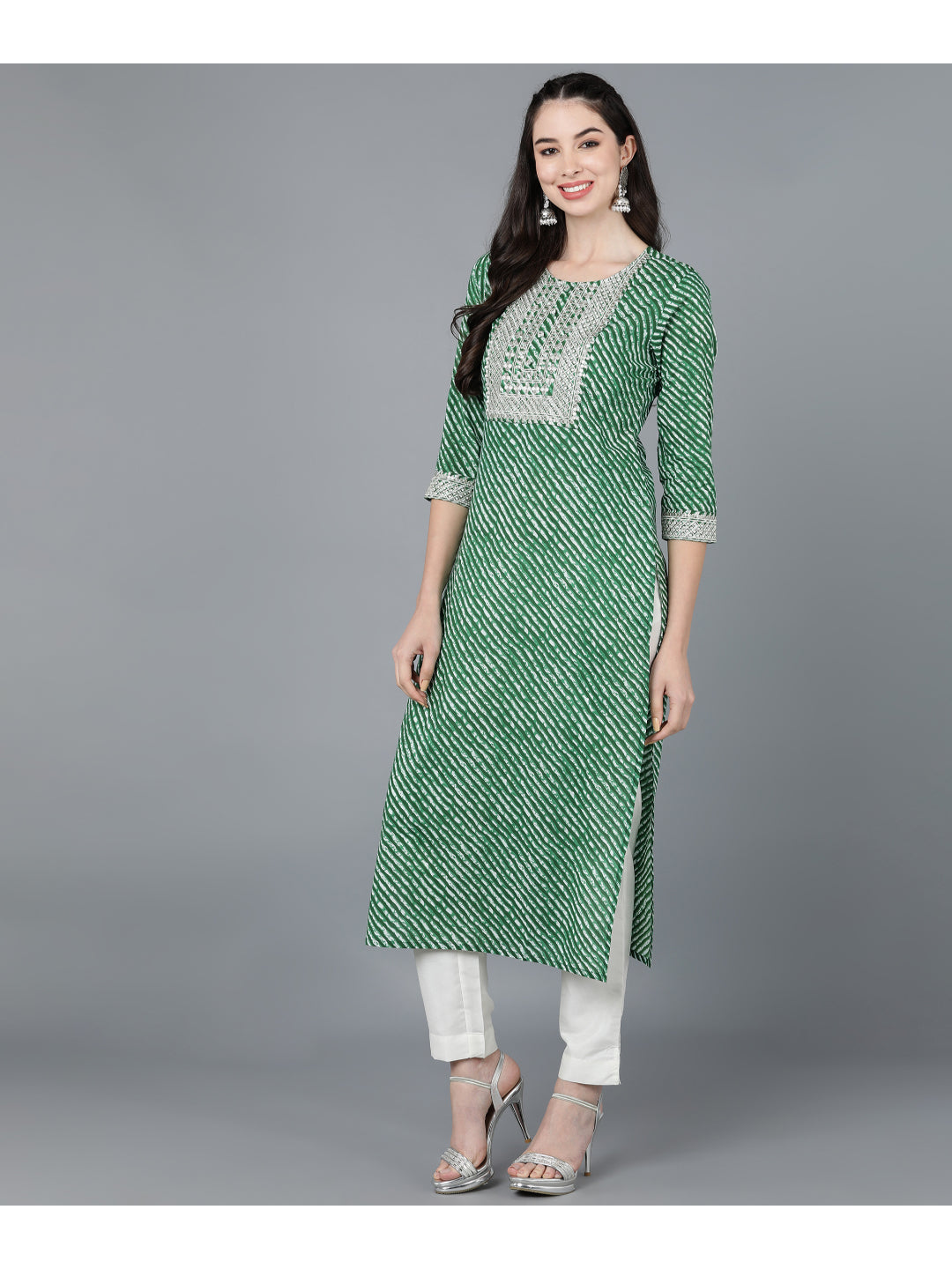 Cotton Leheriya Print Straight Kurta (Green)