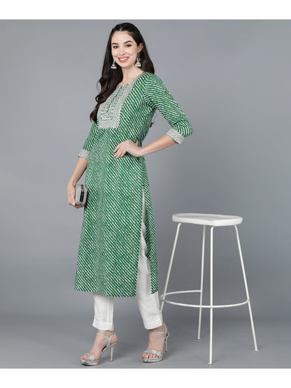 Cotton Leheriya Print Straight Kurta (Green)