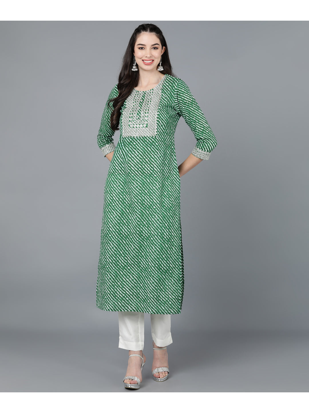 Cotton Leheriya Print Straight Kurta (Green)