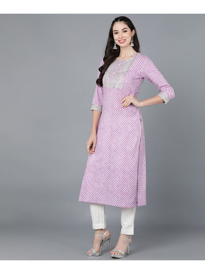 Cotton Leheriya Print Straight Kurta (Purple)