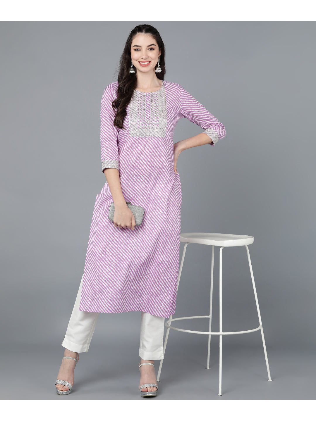 Cotton Leheriya Print Straight Kurta (Purple)