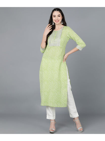 Cotton Leheriya Print Straight Kurta (Light Green)