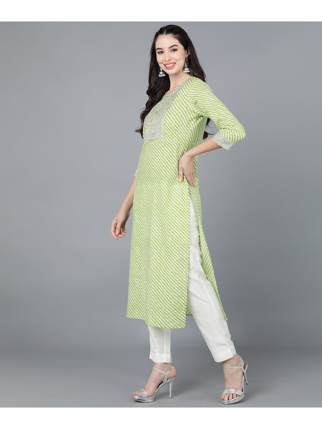 Cotton Leheriya Print Straight Kurta (Light Green)