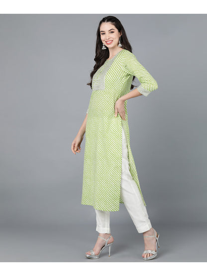 Cotton Leheriya Print Straight Kurta (Light Green)