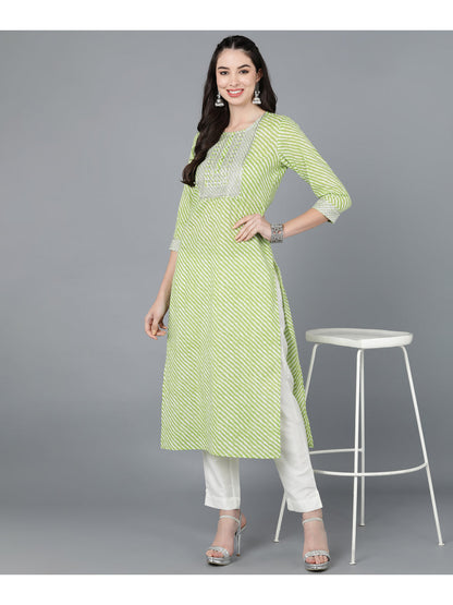 Cotton Leheriya Print Straight Kurta (Light Green)