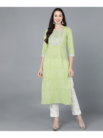 Cotton Leheriya Print Straight Kurta (Light Green)