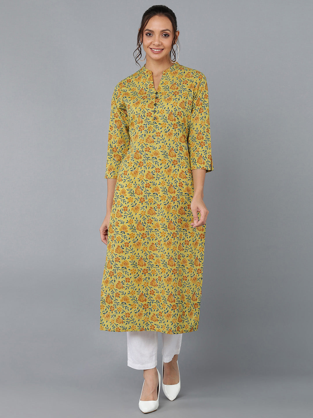 Cotton Printed Straight Kurta (Mustard)