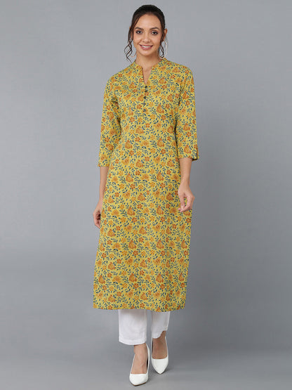 Cotton Printed Straight Kurta (Mustard)