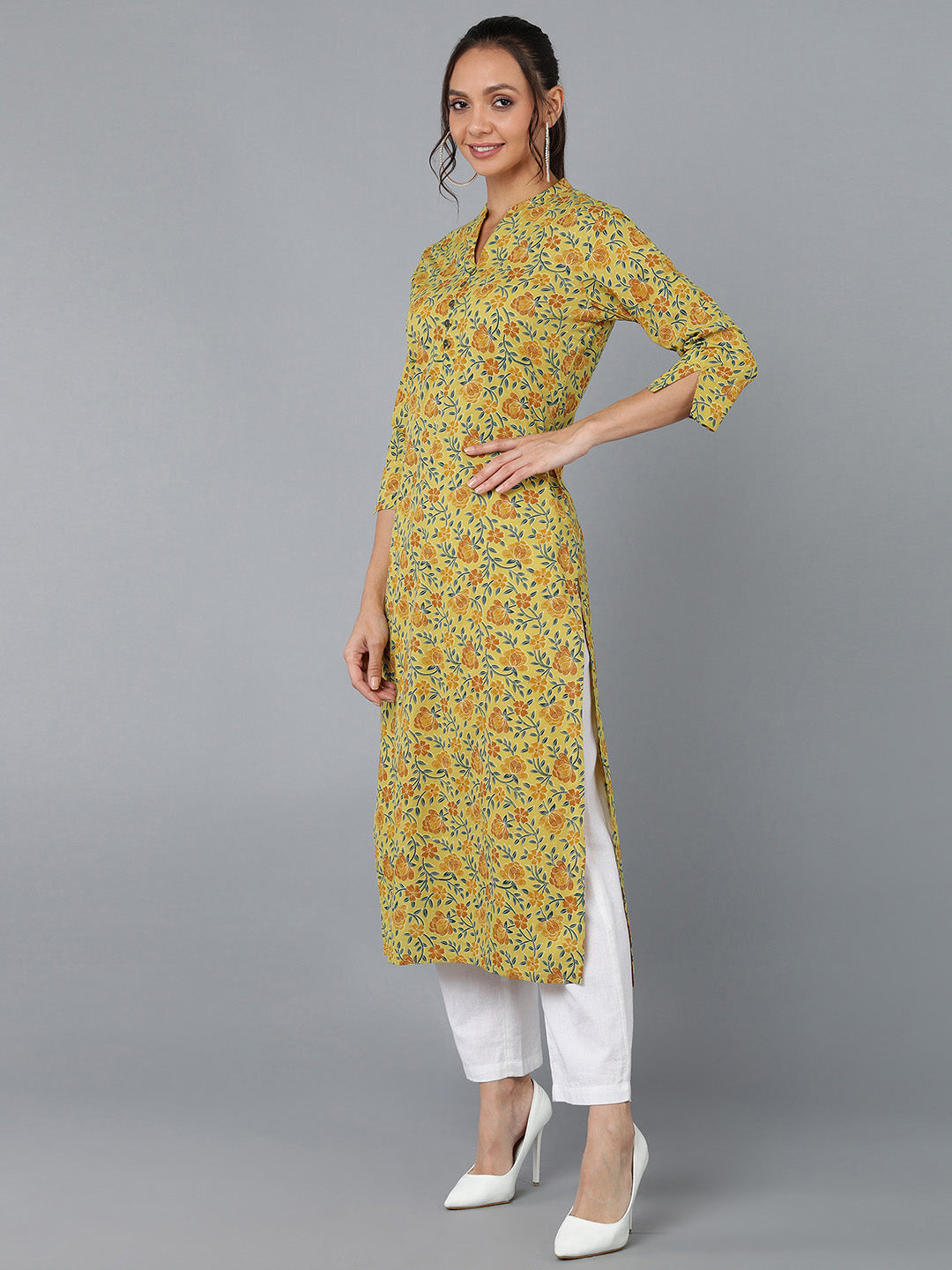 Cotton Printed Straight Kurta (Mustard)