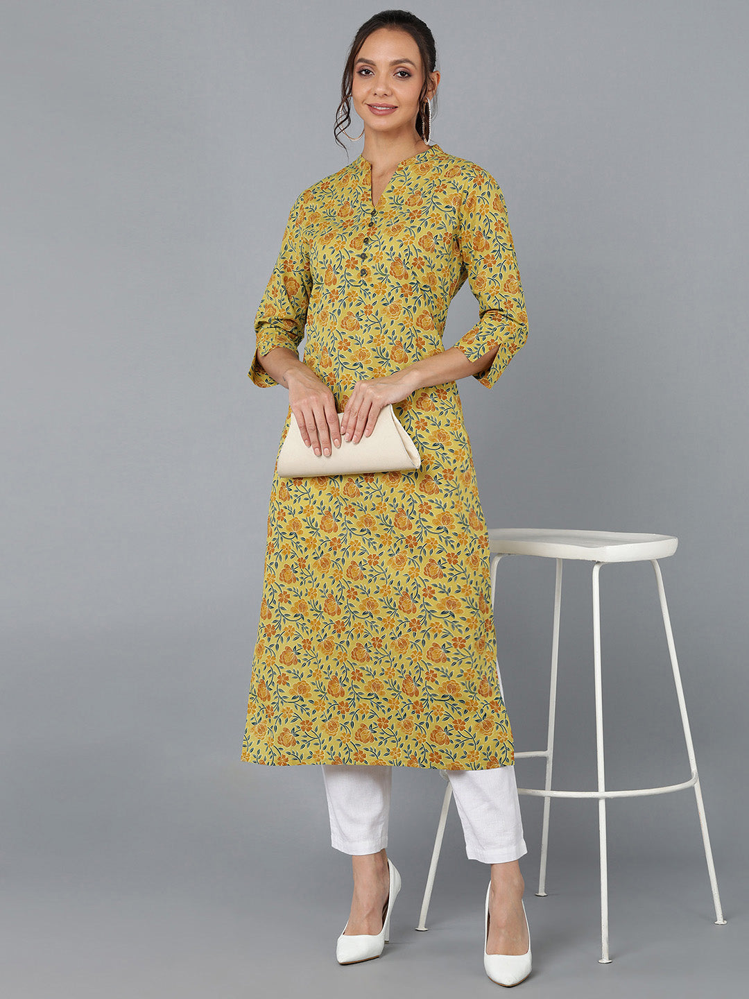 Cotton Printed Straight Kurta (Mustard)