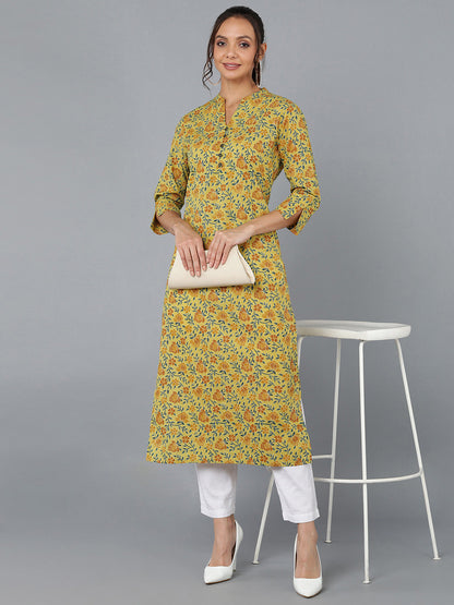 Cotton Printed Straight Kurta (Mustard)