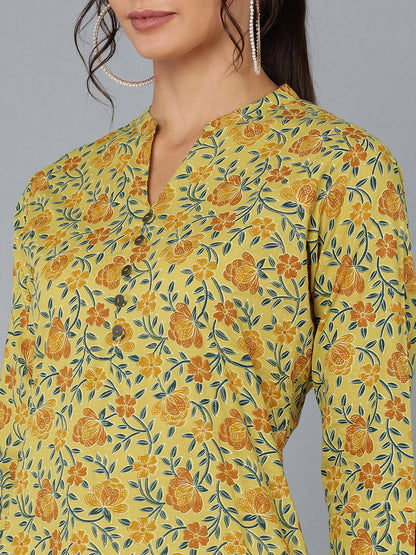 Cotton Printed Straight Kurta (Mustard)