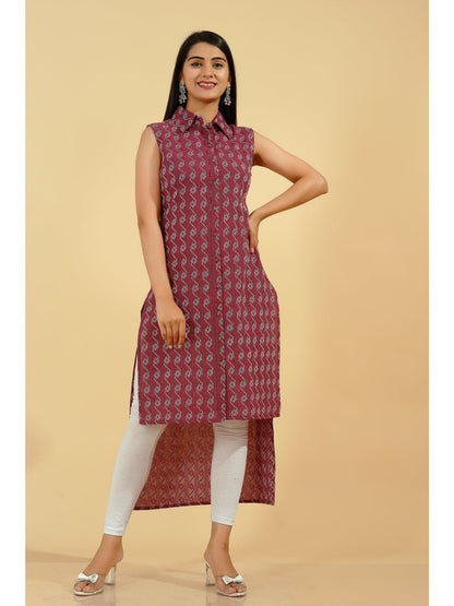 D Line Printed Up-Down Kurta (Burgundy)