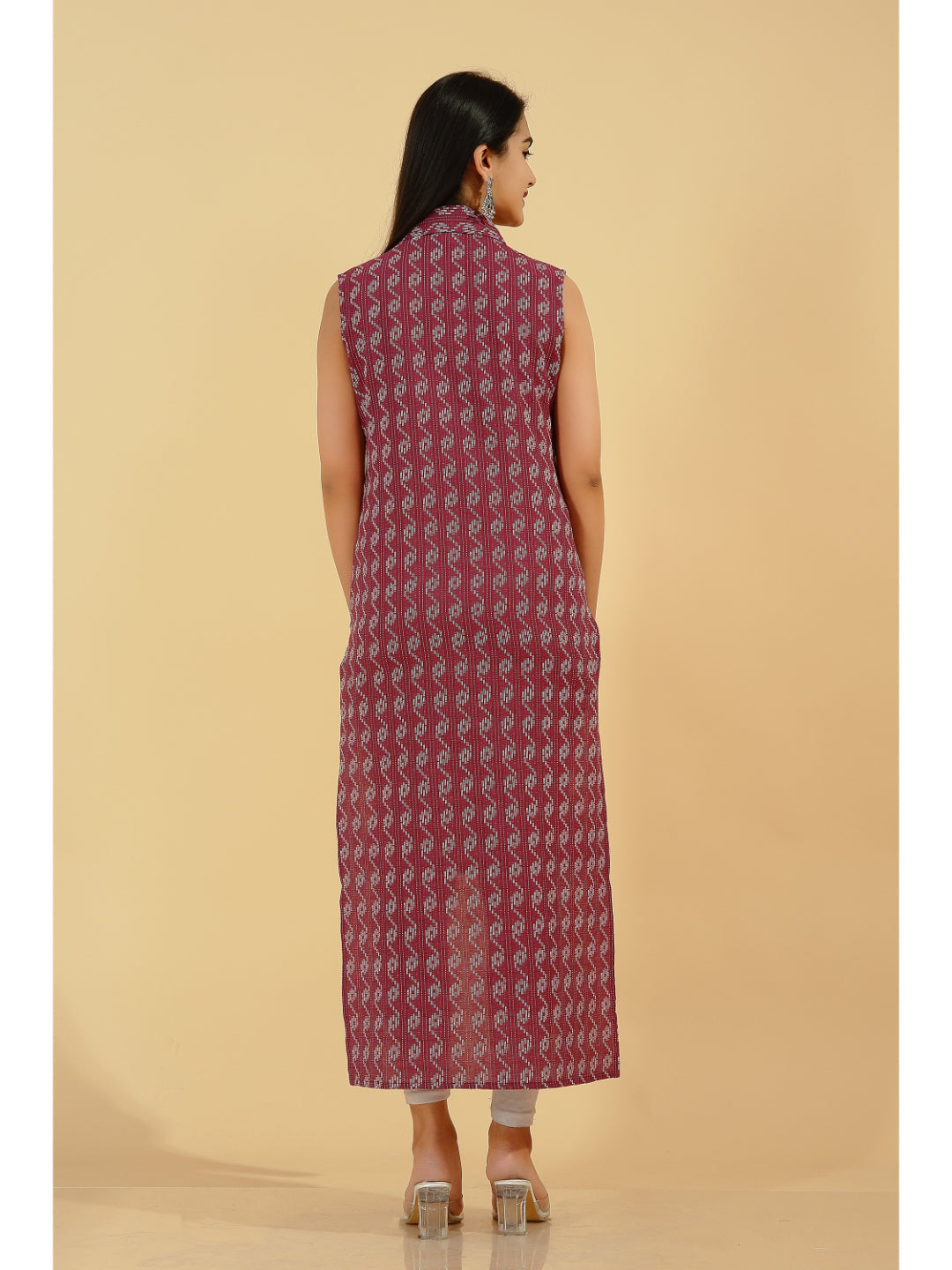 D Line Printed Up-Down Kurta (Burgundy)