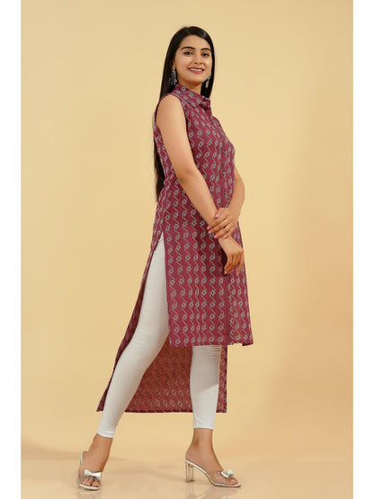 D Line Printed Up-Down Kurta (Burgundy)