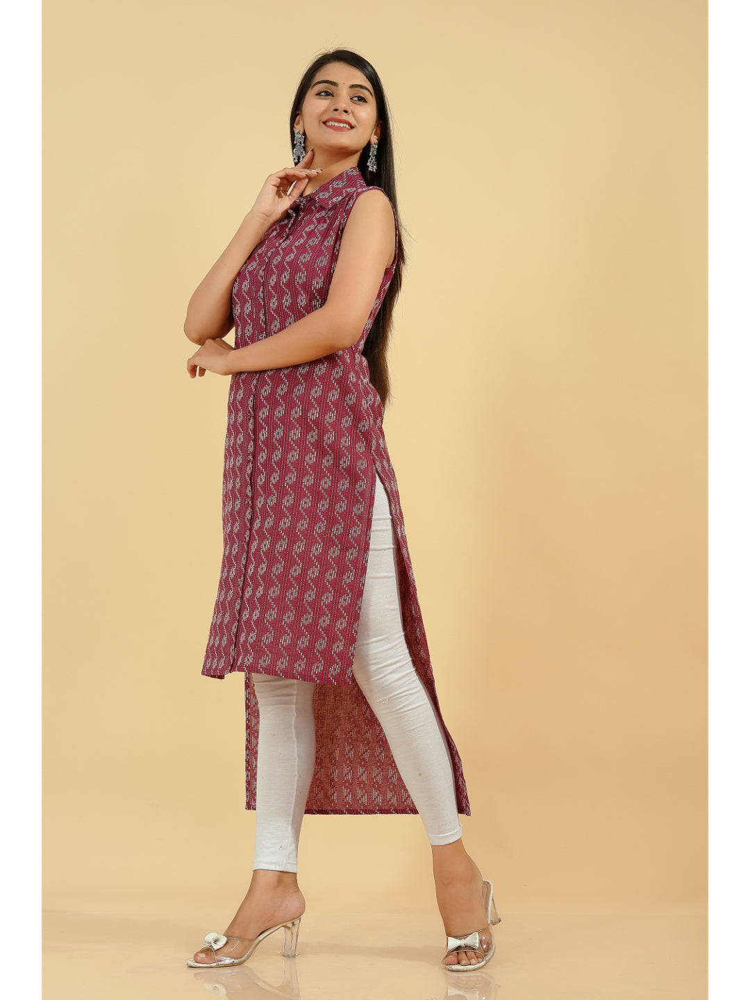 D Line Printed Up-Down Kurta (Burgundy)