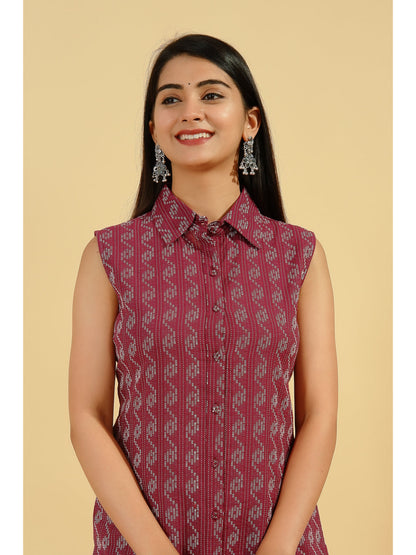 D Line Printed Up-Down Kurta (Burgundy)